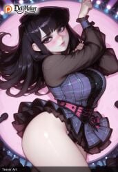 ai_generated bangs black_footwear black_hair blunt_bangs blush breasts checkered dollmaker dollmaker_(artist) female large_breasts loafers long_hair looking_at_viewer lying mole on_side parted_lips patreon_logo patreon_username plaid plaid_dress plaid_shirt plaid_skirt shoes shoes_removed skirt solo tagme thighs watermark