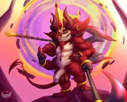 3_toes 4_arms 4_fingers anklet anthro axe ball_tuft barazoku battle_axe beard body_hair clothing demon double_axe ear_piercing ear_ring erection eye_scar eyebrows facial_hair facial_scar feet fennephilim_fox fingerless_gloves fingers fur genital_piercing genitals gloves gold_(metal) gold_crown gold_jewelry hair handwear happy_trail hi_res horn humanoid_genitalia humanoid_penis jewelry kled_(lol) league_of_legends looking_at_viewer male male_only multi_arm multi_limb penis penis_piercing piercing portal red_beard red_body red_eyebrows red_eyes red_facial_hair red_fur red_hair ring_piercing riot_games scar smile solo spear_tail tencent toes tuft yordle