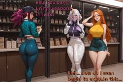 1futa 1futa2girls 2girls 2girls1futa ai_generated akali big_ass big_breasts big_butt big_penis bulge bulge_under_clothes clothed comic dialogue english english_text large_penis league_of_legends leona_(league_of_legends) miniskirt orange_hair public purple_eyes riot_games skirt soraka tease teasing text tight_clothing velvet_nymph white_hair yellow_eyes