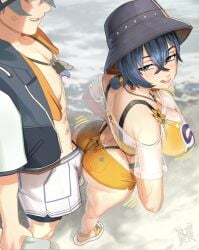 1boy 1girls belle_(zenless_zone_zero) blue_eyes blue_hair brother_and_sister bubble_butt cleavage clothed clothing erection_under_clothes female hat headwear hoyoverse licking_lips light-skinned_female light-skinned_male light_skin male mihoyo mihoyo_technology_(shanghai)_co._ltd. standing teasing tongue tongue_out wise_(zenless_zone_zero) x_e11e zenless_zone_zero