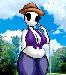 1girls bald bald_female belly belly_button belt black_eyes breasts chetoh chubby chubby_female claire_(chetoh) cleavage cowboy_hat egg female female_focus female_only finger_on_head hat jeans oc original original_character photo_background power_lines purple_topwear sky white_body