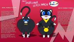 absurd_res all_fours alternate_universe anthro ass atlus belt belt_pouch big_butt blue_eyes bulge clothing collar collar_only description detailed_bulge domestic_cat duo english_description english_text fangs felid feline felis feral fist front_view fur hi_res huge_butt kerchief male mammal mask megami_tensei model_sheet morgana_(persona) nude persona_(series) persona_5 profanity sega side_by_side standing teeth tepigfan101 text thong underwear utility_belt wide_hips
