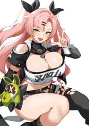 amillion_(zenless_zone_zero) bangboo_(zenless_zone_zero) bare_shoulders black_jacket black_ribbon black_shorts black_thighhighs blue_nails blush breasts cleavage clothing_cutout crop_top cropped_jacket detached_sleeves earrings female fingernails glint green_eyes hair_ornament hair_ribbon hairclip heart heart_cutout heart_earrings heart_necklace jacket jewelry jirusu large_breasts long_hair looking_at_viewer mole mole_on_breast mole_under_eye navel necklace nicole_demara o-ring open_mouth pink_hair pink_nails ribbon short_shorts short_sleeves shorts shoulder_cutout single_thighhigh smile solo strapless teeth thighhighs thighs tongue tongue_out torn_clothes torn_thighhighs tube_top two_side_up upper_teeth_only w white_background white_tube_top yellow_nails zenless_zone_zero