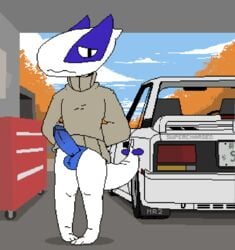 1boy animated anthro anthrofied avian blue_penis bottomless car clothed clothing detailed_background erection gay gif humanoid_penis legendary_pokémon looking_at_viewer loop lugia male male_only nintendo original_character penis pixel_art pokemon pokemon_(species) pokemon_gsc sailewder shy solo sweater testicles topwear toyota_mr2 vehicle video_games white_body