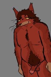 2024 anthro arm_hair balls belly body_hair brown_hair canid canine canis chemicalcreature chest_hair digital_drawing_(artwork) digital_media_(artwork) domestic_dog eyelashes fangs fur genitals hair half-erect happy_trail hi_res humanoid_genitalia humanoid_penis long_hair male mammal muscular muscular_anthro muscular_male nipples nude nude_male organs overweight overweight_male pecs penis plantigrade pubes red_body red_fur signature slightly_chubby smile solo standing stomach stomach_hair teeth yellow_eyes