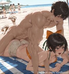 ai_generated brown_hair final_fantasy final_fantasy_vii heart-shaped_pupils nude_male open_mouth orange_bikini patreon patreon_username prone prone_position shorts torn_clothes xzollosez yuffie_kisaragi yuffie_kisaragi_(summer_orange)