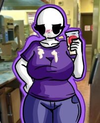1girls bald bald_female black_eyes blush breasts chetoh claire_(chetoh) egg female female_focus female_only frosty ice_cream ice_cream_on_breasts jeans looking_down looking_down_at_self messy oc original original_character photo_background purple_shirt white_body