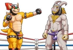 2025 alpha_channel anthro asgore_dreemurr ballboxing banzai_bill boss_monster_(undertale) bowser boxing boxing_gloves clothing dcheese digital_media_(artwork) duo erection erection_under_clothing facial_hair fighting_ring fur handwear headgear hi_res horn koopa leather leather_clothing leather_headgear male male/male mario_bros mature_anthro musclegut muscular muscular_male nintendo penis_clothing scalie sport undertale undertale_(series) white_body white_fur