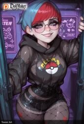 ai_generated book breasts clipboard dollmaker dollmaker_(artist) female fishnet_legwear fishnets freckles glasses holding holding_book hood hood_down hoodie keyboard_(computer) laptop looking_at_viewer menu multicolored_hair open_book pantyhose patreon_logo patreon_username penny_(pokemon) pokemon reading red_hair selfie short_hair smile solo tablet_pc tagme watermark