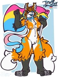 2_tails amber_eyes anthro blue_body blue_fur breasts canid canine casual_exposure casual_nudity exposed_breasts female flag flag_(object) fox fox_spirit fur genitals hi_res holding_flag holding_object intelfox judasthesinner lgbt_pride looking_at_viewer mammal mostly_nude multi_tail nude nude_anthro nude_female open_mouth pansexual_pride_colors pride_colors scarf scarf_only simple_background solo tail transgender_pride_colors vaginal_penetration