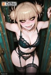 ai_generated bangs black_bra blonde_hair blunt_bangs blush bra breasts cleavage collarbone dollmaker dollmaker_(artist) double_bun eyebrows_visible_through_hair fangs female garter_belt green_bra green_panties half-closed_eyes lace-trimmed_bra lingerie looking_at_viewer medium_breasts messy_hair navel open_mouth panties patreon_username short_hair smile solo sweat tagme teeth thighhighs thighs toga_himiko underwear watermark web_address yellow_eyes