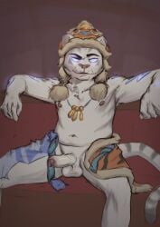 anthro arm_tattoo bodily_fluids clothing dripping felid feline foreskin genital_fluids genitals glowing glowing_eyes gunfire_reborn hat headgear headwear hi_res leggicle lei_luo_(gunfire_reborn) male mammal pantherine penis precum precum_drip slightly_chubby solo tattoo tiger uncircumcised