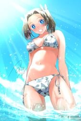 beach bikini black_hair blue_eyes blush butterfly_hair_ornament cleavage demon_slayer female female_only kanzaki_aoi_(kimetsu_no_yaiba) kimetsu_no_yaiba looking_at_viewer low-angle_view medium_breasts outdoors partially_submerged solo swimsuit twintails underboob