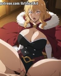 1boy 1girls ahe_gao ahegao_face ai_generated artifical_art big_breasts blonde_hair blush brown_eyes clitoris cloak fur-trimmed_cape gina_(solo_leveling) light-skinned_female light_skin long_hair mature_female milf missionary_position missionary_sex open_mouth penis penis_in_pussy perfect_body pussy pussy_juice red_cape rolling_eyes sex solo_leveling spread_legs tongue_out vaginal_penetration vaginal_sex voluptuous voluptuous_female