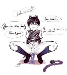1boy 2d alternate_version_available anal_sex balls ballsack buttplug buttplug_tail cat_ears catboy dildo dildo_in_ass extremely_gay femboy gay highres male mentioned_character neko omori penis psychokokuon purple_dildo riding_dildo solo sunny_(omori) text thighhighs thighs uncensored very_gay yaoi