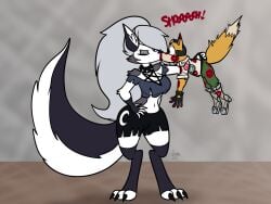 1boy 1girls 2d 2d_(artwork) 2d_artwork anthro anthro_on_anthro big_tail breasts clawed_feet closed_eyes collar crossover curvy curvy_female curvy_figure demon demon_girl digital_drawing_(artwork) digital_media_(artwork) duo duo_focus eyelashes eyeshadow fox fox_boy fox_ears fox_mccloud fox_tail furry furry_female furry_male goth goth_girl grey_eyeshadow grey_hair hand_on_hip height_difference hellhound hips jamearts kiss_mark kissing kissing lifting lifting_person loona_(helluva_boss) medium_breasts navel nintendo red_lips red_lipstick red_lipstick_mark shocked shocked_expression shocked_eyes size_difference spiked spiked_collar star_fox two_tone_body two_tone_fur vivienne_medrano vivziepop white_fur wide_hips yellow_fur