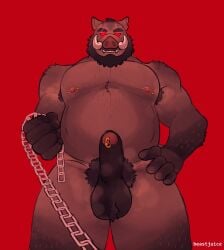 anthro ball_tuft beastjuice belly bulge chain_leash chains clothing eyebrow_slit eyebrows genital_piercing genitals glowing glowing_eyes hand_on_hip hi_res humanoid humanoid_genitalia leash looking_at_viewer male mammal musk musk_clouds nipple_piercing nipples overweight overweight_male penis penis_piercing piercing prince_albert_piercing pubes red_eyes smile smiling_at_viewer solo suid suine sus_(pig) tuft tusks underwear wild_boar