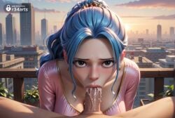 1boy 1boy1girl 1girls ai_generated artist_name blowjob blue_hair blush breasts brown_eyes building city cityscape cleavage clothed_female_nude_male cum cum_in_mouth earrings erection fellatio forehead hi_res jewelry large_breasts lips long_hair looking_at_viewer nefertari_vivi nude one_piece oral outdoors patreon_logo patreon_username penis pink_shirt ponytail pov pov_crotch r34arts shirt sky solo_focus straight uncensored veins veiny_penis