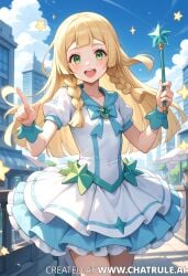 ai_generated blonde_hair city lillie_(pokemon) lv99slime magical_girl magical_girl_outfit magical_girl_wand pokemon