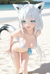 1girls ahoge ai_generated animal_ear_fluff ass beach belly bikini_bottom_pull blue_eyes blush fox_ears fox_girl fox_tail hololive large_breasts long_hair shirakami_fubuki smile teasing thighs virtual_youtuber water white_hair