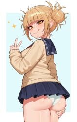 1girls ass big_ass blonde_hair blue_skirt blush bottomwear clothing double_bun female female_only hair hair_bun hand_on_ass himiko_toga looking_back moursho my_hero_academia panties peace_sign school_uniform schoolgirl schoolgirl_uniform short_skirt skirt smile solo solo_female sparkles thighs tongue tongue_out topwear white_panties yellow_eyes