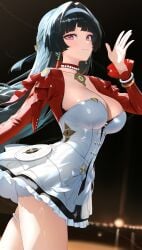 absurdres astra_yao black_background black_hair bracelet breasts closed_mouth collarbone earrings female from_side hair_ornament hairband hand_up highres hirahiragi_(h1rqg1) jewelry large_breasts long_hair long_sleeves looking_at_viewer looking_to_the_side mole purple_eyes simple_background smile thigh_strap white_hairband zenless_zone_zero