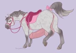 absurd_res accessory anus big_penis bow_ribbon bridle chewycuticle equid equine erection feral feral_only foreskin fur furgonomics genitals green_eyes grey_body grey_fur gynomorph hi_res hooves horse humanoid_genitalia humanoid_penis intersex looking_at_viewer mammal multicolored_body multicolored_fur penis raised_hoof raised_tail ribbons saddle solo tail tail_accessory tail_bow tail_ribbon two_tone_body two_tone_fur