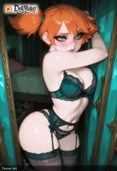 ai_generated artist_name black_garter_belt blush bra breasts cleavage dollmaker dollmaker_(artist) female garter_belt garter_straps green_bra green_eyes green_panties half-closed_eyes heart kasumi_(pokemon) lace lace-trimmed_legwear lingerie looking_at_viewer navel orange_hair panties patreon_logo patreon_username side_ponytail solo sonia_(pokemon) tagme thighhighs underwear watermark web_address