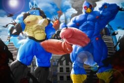 absurd_res aircraft anthro avian balls beak big_balls big_penis bird blue_body blue_feathers blue_fur bodily_fluids canid canine city destruction duo falco_lombardi feathers fur generation_4_pokemon genital_fluids genitals green_eyes half-erect helicopter hi_res low-angle_view lucario macro male mammal muscular muscular_male nintendo nunudodo penis pokemon pokemon_(species) precum rampage red_eyes star_fox vehicle vein veiny_penis