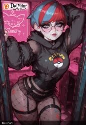 ai_generated belt blue_hair dollmaker dollmaker_(artist) female fishnet_legwear fishnets glasses hood hoodie long_sleeves looking_at_viewer mirror multicolored_hair penny_(pokemon) pokemon red_hair solo star_(symbol) streaked_hair tagme