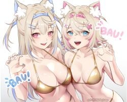2girls bikini blonde_hair blue_eyes blue_hair blue_nails dog_ears dog_girl female female_only fuwamoco fuwawa_abyssgard golden_week hairband hairclip hololive hololive_english hololive_english_-advent- light-skinned_female light_skin lithiaveytuber long_hair looking_at_viewer mococo_abyssgard nail_polish pink_eyes pink_hair pink_nails short_hair sisters twins two_tone_hair virtual_youtuber yellow_bikini