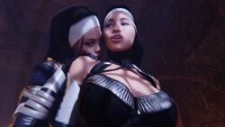 2girls 3d animated black_hair chest dark_hair dominant_female female female_only femdom fingers_in_mouth gloves incest kissing_neck kitana messy_hair mileena mortal_kombat mortal_kombat_1_(2023) nervous netherrealm_studios no_sound nun nun_outfit older_sister_and_younger_sister older_sister_younger_sister princess seductive shorter_than_10_seconds shulyque sister_and_sister sisters surprised tagme twincest twins video younger_dom_older_sub