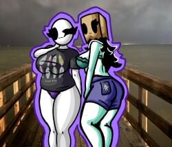 2girls ass bald bald_female big_breasts black_eyes black_hair black_shirt bra breasts chetoh chubby chubby_female claire_(chetoh) egg female female_only green_bra hair hand_on_head no_pants oc original original_character original_characters panties pantless paper_bag paper_bag_on_head photo_background purple_panties rose_(chetoh) shirt shorts side_view water white_body