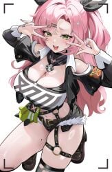 1girls absurdres amillion_(zenless_zone_zero) belt black_belt black_shoes black_shorts breasts cleavage crop_top double_v female green_eyes hair_ornament hairclip highres large_breasts long_hair micro_shorts midriff mole mole_on_breast mole_on_thigh mole_under_eye nail_polish navel nicole_demara open_fly open_mouth pink_hair shoes shorts single_thighhigh solo thaba thigh_belt thigh_strap thighhighs thighs torn_clothes torn_thighhighs twintails v viewfinder white_background zenless_zone_zero