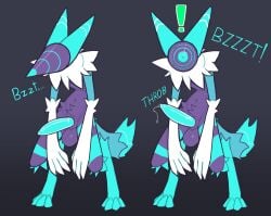 absurd_res anthro balls big_penis black_balls black_body black_fur blue_body blue_fur blue_penis bodily_fluids darkner deltarune digitigrade erection exclamation_point faceless fur genital_fluids genitals glistening glistening_genitalia glistening_penis hi_res long_arms looking_at_viewer male neck_tuft onomatopoeia penis precum precum_string roonefox solo sound_effects tapering_penis text throbbing tuft undertale_(series) werewerewire white_body white_fur