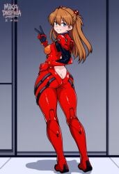 ai_generated ass blue_eyes brown_hair female from_behind full_body indoors lips looking_at_viewer looking_back medium_breasts mikadnsfwia neon_genesis_evangelion plugsuit red_bodysuit smile solo souryuu_asuka_langley standing thick_thighs thighs v