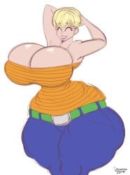 arms_behind_head belt blonde_hair breasts cleavage clothed dragon_ball female jeans panchy panchy_(dragon_ball) panchy_briefs superix white_background