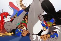 69_position anthro blonde_hair blue_eyes bra canid canine canis cheetah clothing dominant dominant_anthro dominant_female duo face_in_crotch fangs felid feline female footwear grey_body grin hair knee_highs knee_socks legwear lips long_hair lying male male/female mammal markings mask muscular muscular_anthro muscular_female on_back on_front oral orange_body red_hair riffraff666 sex simple_background smile socks sports_bra spots spotted_body submissive submissive_anthro submissive_male teeth thick_bottom_lip thick_thighs underwear white_background white_body wolf wrestling