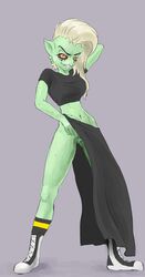 1girls alien august_(artist) clothing female freckles green_body green_skin humanoid looking_at_viewer lord_dominator makeup pussy simple_background solo wander_over_yonder white_hair