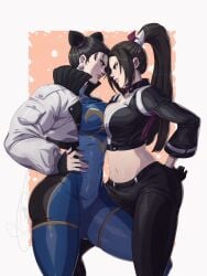 2girls akiman_pose black_jumpsuit breast_contest breast_press breasts brown_eyes brown_hair bun_cover catfight china_dress chinese_clothes chun-li commentary confrontation crossover double_bun dress earrings english_commentary eye_contact face-to-face faceoff fatal_fury fatal_fury:_city_of_the_wolves h_potemkin hair_bun highres jewelry jpeg_artifacts jumpsuit large_breasts leather leather_pants long_hair looking_at_another mai_shiranui midriff motoyui multiple_girls navel noses_touching pants parody pearl_earrings ponytail rivalry shiranui_mai snk staredown street_fighter symmetrical_docking