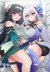 big_ass big_breasts big_butt big_titties black_hair blush character_request clothing curvaceous curvaceous_female curvaceous_figure curvy curvy_figure curvy_hips female female_focus female_only genshin_impact hatzuhatzu lan_yan_(genshin_impact) long_hair looking_at_viewer skirk_(genshin_impact) thigh_highs white_hair
