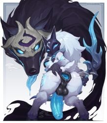 ambiguous_gender anthro anus areola balls biped blue_areola blue_eyes blue_nipples blue_penis blue_tongue bovid breasts canid canine canis caprine duo erection fingers genitals gynomorph hi_res intersex kindred_(lol) league_of_legends looking_back mammal mask nipples penis reagan_long rear_view riot_games sheep simple_background spread_anus spreading tencent tongue white_background wolf