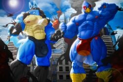 absurd_res aircraft anthro avian beak big_bulge bird blue_body blue_feathers blue_fur bulge canid canine city clothing destruction detailed_bulge duo falco_lombardi feathers fur generation_4_pokemon green_eyes helicopter hi_res low-angle_view lucario macro male mammal muscular muscular_male nintendo nunudodo pokemon pokemon_(species) rampage red_eyes speedo star_fox swimwear vehicle