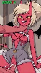 2025 ai_generated apple_(helluva_boss) cum demon_girl ends34 female female_focus grabbing_neck helluva_boss horns medium_breasts neck open_mouth sex shorts