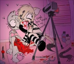 ambiguous_gender anthro armwear arthropod ball_gag bell bell_collar belt_accessory belt_buckle blinds blood blood_in_mouth blood_splatter bodily_fluids bow_ribbon braces buckle camera clothing collar coontail_hair corpse crop_top curtains death decomposition duo ell english_text fly_(animal) gag gore green_eyes guts hair hair_over_eye handwritten_text hyena insects inside knee_highs lace larva legwear lilstarlite looking_aside lube_bottle maggot mammal medical_instrument melanie_(lilstarlite) necrophilia open_mouth organs pawpads peeking_through pink_eyes pink_nose scalpel scientific_instrument shirt spiked_collar spikes spotted_hyena surgical_instrument tarp text topwear tripod video_camera whip
