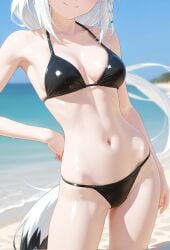 1girls ai_generated beach belly belly_button bikini black_bikini blush cameltoe fox_girl fox_tail hand_on_hip hololive large_breasts navel shirakami_fubuki smile thighs virtual_youtuber white_hair