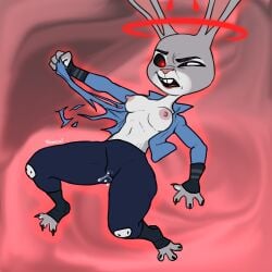 absurd_res anthro bodily_fluids camel_toe clothed clothing demon disney evil_grin fan_character female floating genital_fluids hexecat hi_res judy_hopps lagomorph leporid mammal mind_control possession rabbit smile solo topless torn_clothing vaginal_fluids zootopia