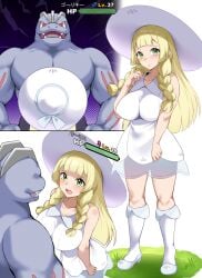 1boy 1girls 3koma alternate_breast_size blonde_hair boots braided_sidelock breasts comic commentary curvy dress female grass green_eyes hat health_bar height_difference highres jirusu large_breasts lillie_(pokemon) long_hair looking_at_another looking_at_viewer machoke muscular muscular_male open_mouth pokemon pokemon_(creature) pokemon_(species) pokemon_sm sun_hat very_long_hair white_boots white_dress white_hat you_gonna_get_raped