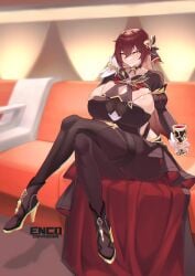 1girls accessory brown_hair choker cleavage couch crossed_legs curvaceous curvy curvy_female curvy_figure dress eden_(honkai_impact) enc_ods fishnets gigantic_breasts hair_ornament high_heels honkai_(series) honkai_impact_3rd huge_breasts long_hair shiny_skin sideboob smile solo solo_female solo_focus thighs wine yellow_eyes