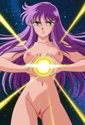 2025 ai_generated anus athena_(saint_seiya) blue_eyes breasts carnivalecloudmuncher cosmic_background energy_ball female looking_at_viewer nipples nude purple_hair pussy saint_seiya saori_kido self_upload serious serious_look solo standing tagme